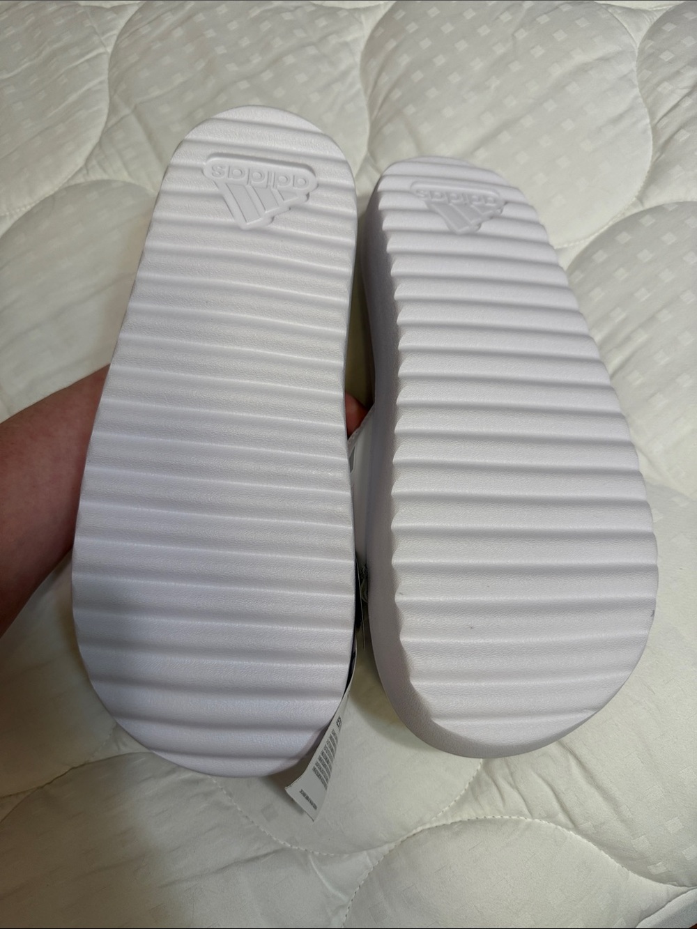 Adidas Platform Slide Sandals in Light Gray and white with Silver Stripes - Picture 4 of 4